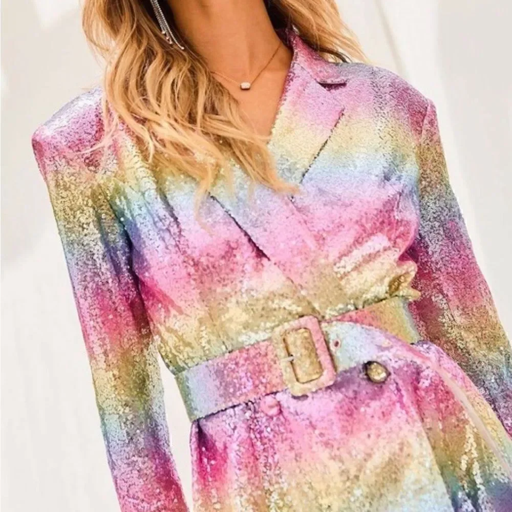 Pastel rainbow sequin dress with belt